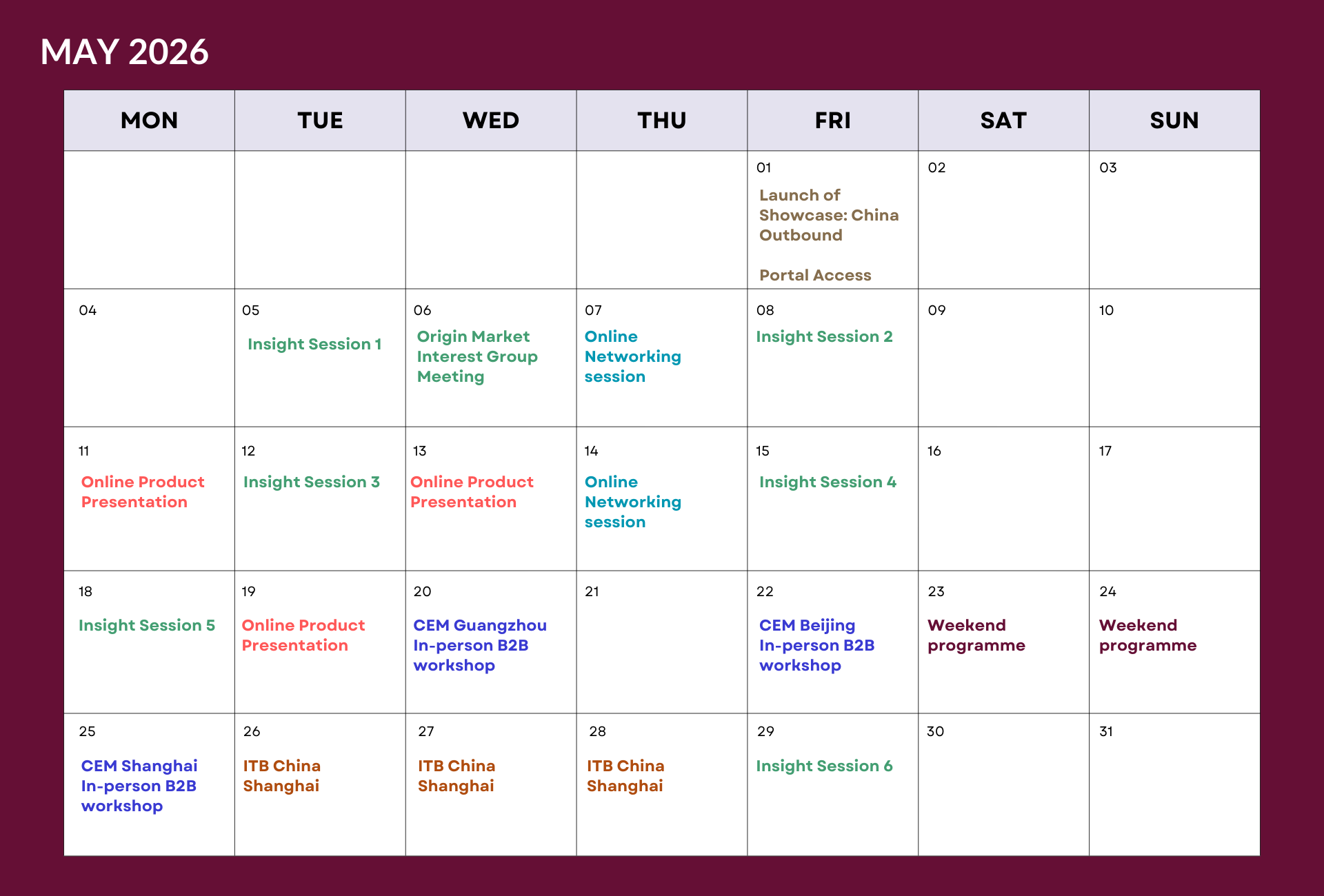 Showcase China Outbound Calendar